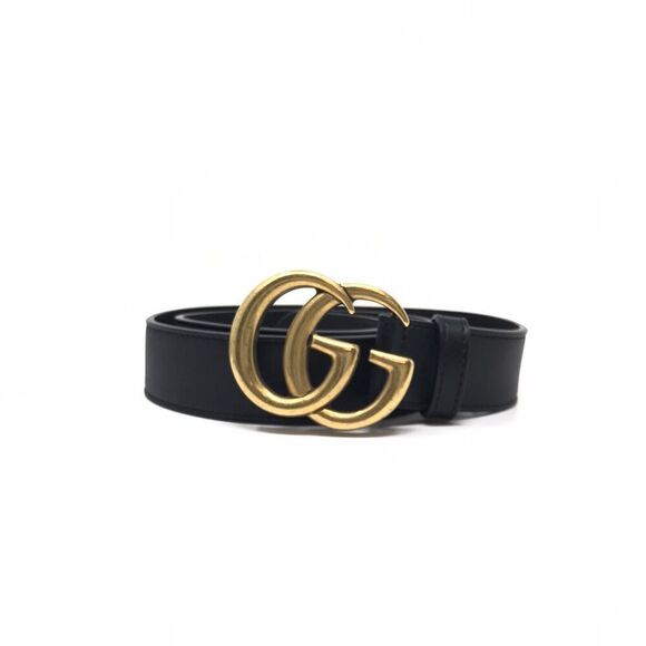 Gucci GG Marmont Thin Belt Black Leather Brass Double G Women Size 75/30 - Picture 1 of 14